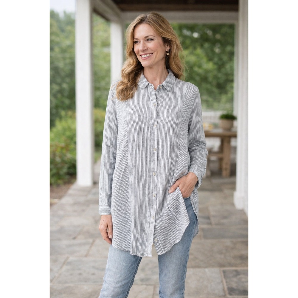 Artisan NY Linen Tunic Top Women M Blue Striped Longline Scandinavian Chic Flowy